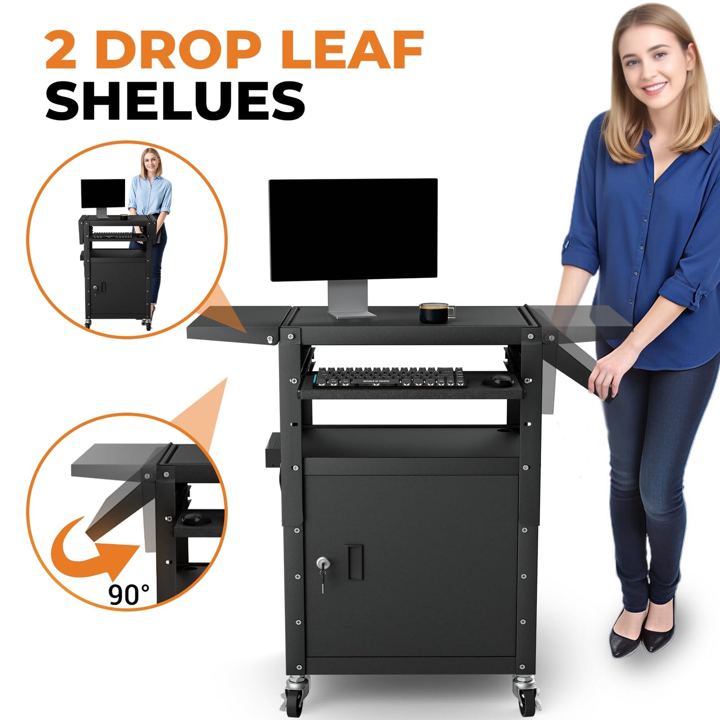 Mobile AV Cart with Pullout Keyboard Tray, Rolling Computer Cart Height Adjustable Rolling Media Utility Cart with Extra Storage Space, 4 Outlets, Perfect for Home or Office Use