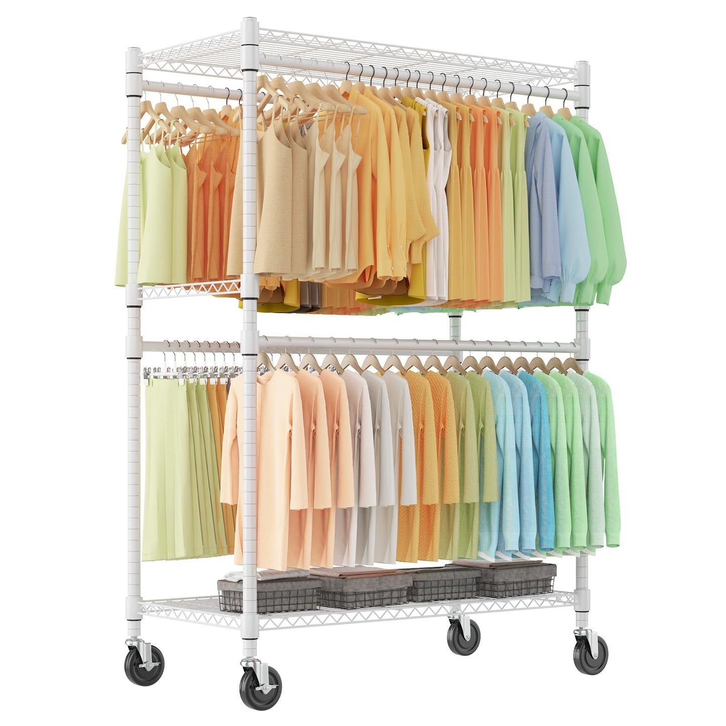 Himimi Double Rods Clothes Rack Heavy Duty,Adjustable Metal Garment Rack with Wheels,Portable Clothing Rack for Hanging Clothes, Closet Rack for Bedroom Laundry Room, 45" W×20.5" D×80.5" H, White