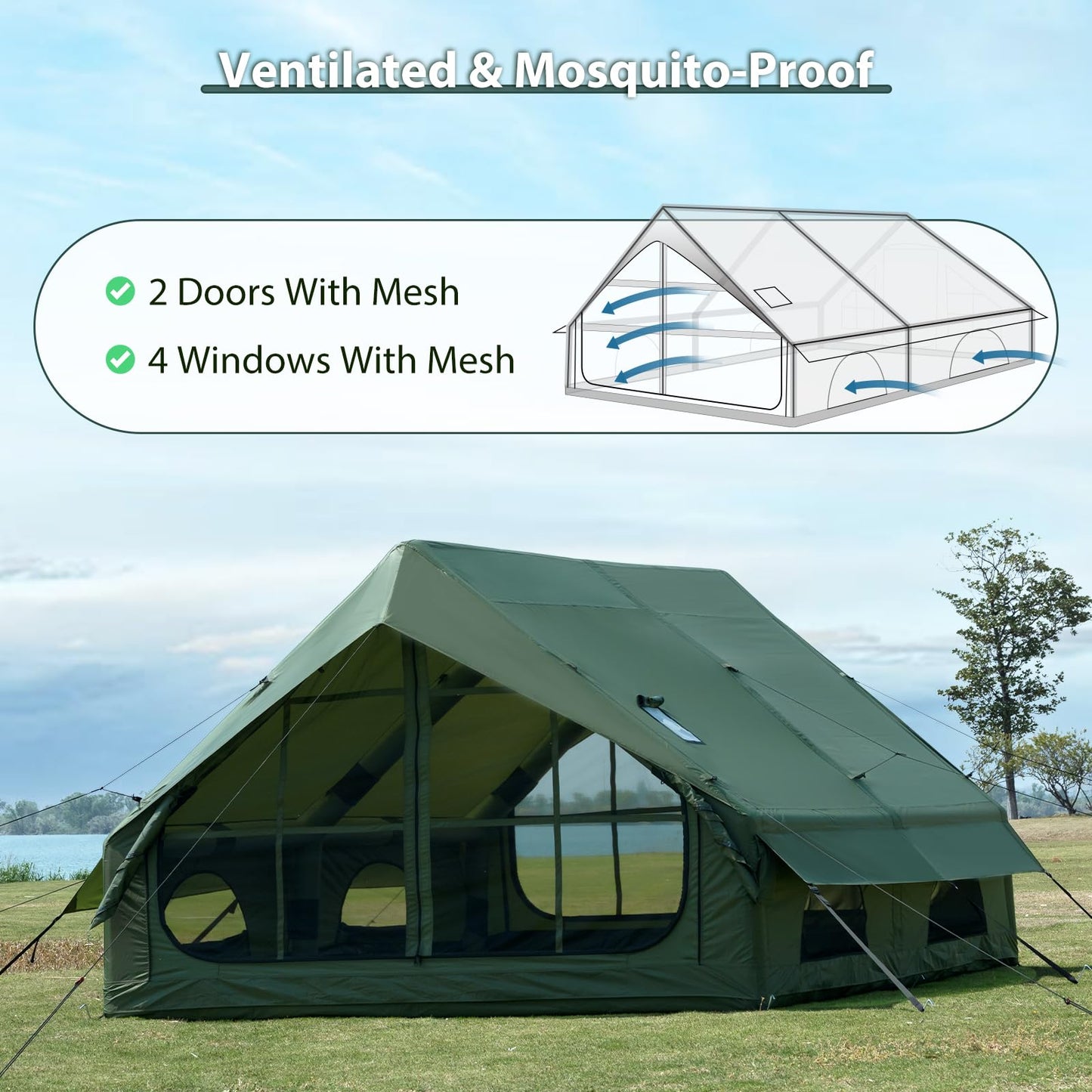 WaldZimmer Inflatable Camping Tent 12sq Green with Hand Pump Easy Setup Waterproof Windproof Outdoor Blow up Tent 6-8 Person Oxford 4 Season Glamping Air Tents Cabin House with Mesh Windows & Door