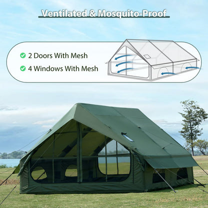 WaldZimmer Inflatable Camping Tent 12sq Green with Hand Pump Easy Setup Waterproof Windproof Outdoor Blow up Tent 6-8 Person Oxford 4 Season Glamping Air Tents Cabin House with Mesh Windows & Door