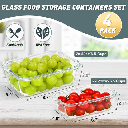 KOMUEE Glass Food Storage Containers Set - 4 Pack of 52oz & 22oz | Airtight, BPA-Free, Leak Proof