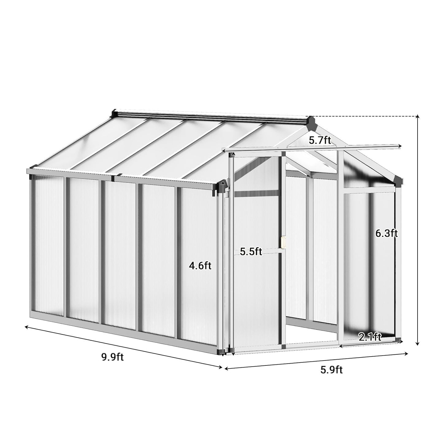 6X10 FT Greenhouse, Greenhouses for Outside, Aluminum Frame Polycarbonate Panels with Sliding Lockable Door and Ajustable Roof Vent, Spacious Walk-in Design for Backyard, Garden, Patio, Silver