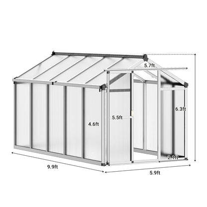 6X10 FT Greenhouse, Greenhouses for Outside, Aluminum Frame Polycarbonate Panels with Sliding Lockable Door and Ajustable Roof Vent, Spacious Walk-in Design for Backyard, Garden, Patio, Silver