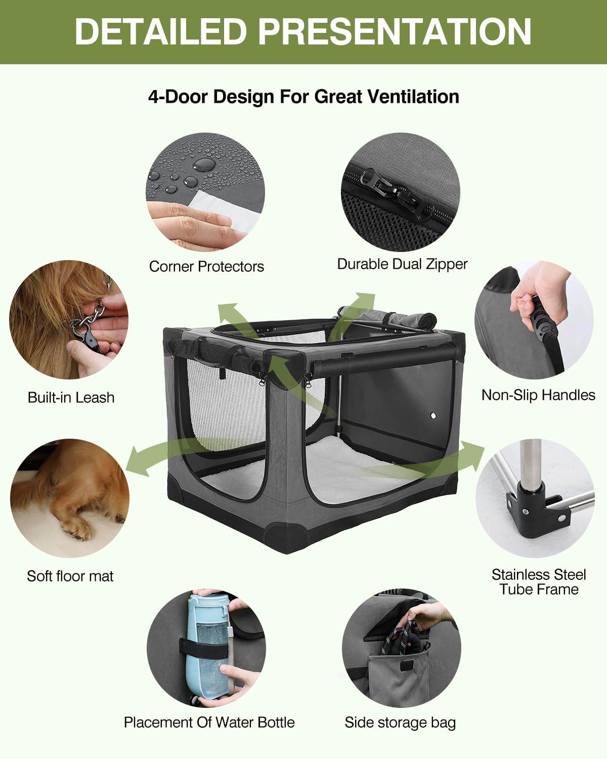 33 x 25 x 25 Inch Collapsible Soft Dog Crate for Dogs Up to 70 lbs, Portable Travel Pet Kennel with 4 Zip Doors, Foldable Indoor Outdoor Crate with Mat, Carry Bag, Grey