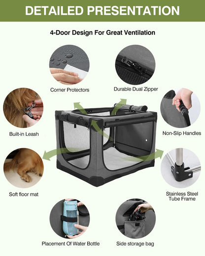 33 x 25 x 25 Inch Collapsible Soft Dog Crate for Dogs Up to 70 lbs, Portable Travel Pet Kennel with 4 Zip Doors, Foldable Indoor Outdoor Crate with Mat, Carry Bag, Grey