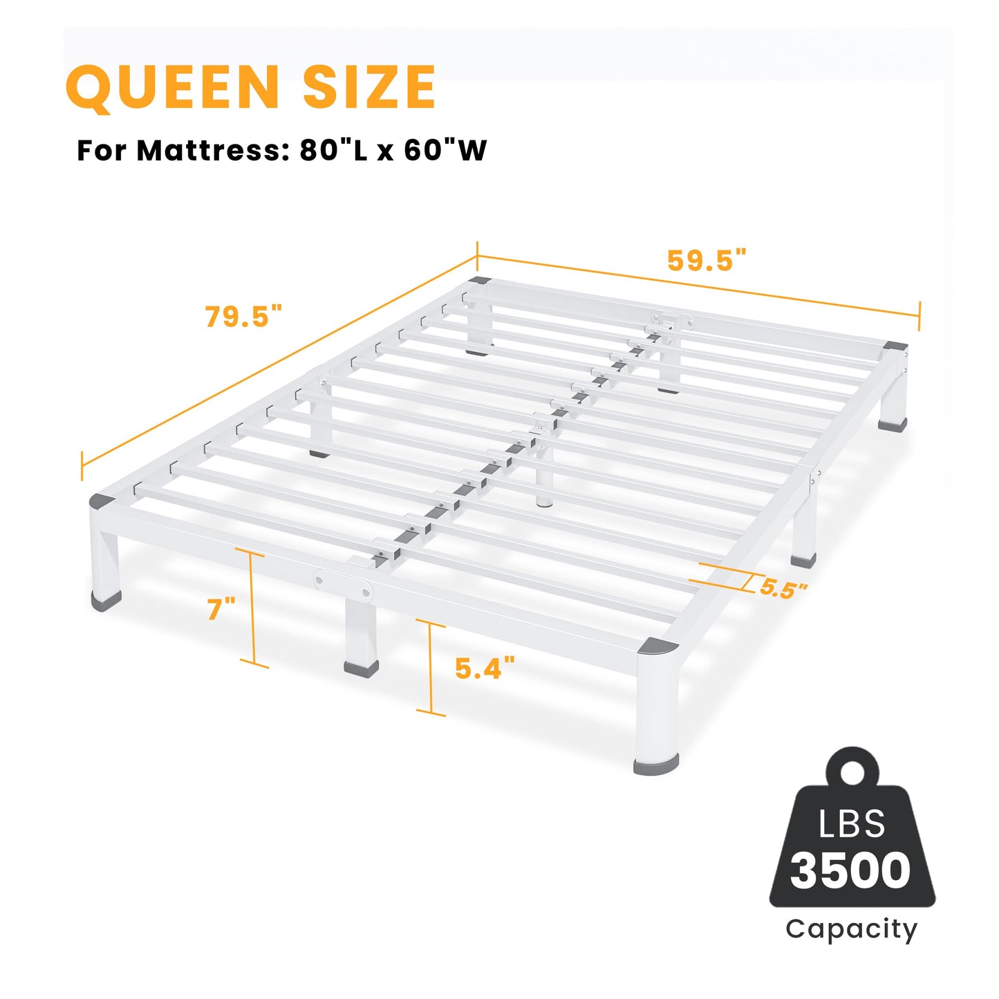 7 Inch Queen Bed Frame, Metal Platform Bed Frame with Round Corner Legs, 3500 lbs Heavy Duty Steel Slats Support, No Box Spring Needed, Noise Free, Easy Assembly, White