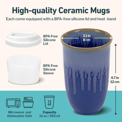 NOVA CERAMICS Ceramic Tumbler– Blue Ceramic Mug – Microwave & Dishwasher Safe Coffee White & Orange Tumbler - Leak-Proof Coffee Travel Mug – 16oz – Neptune