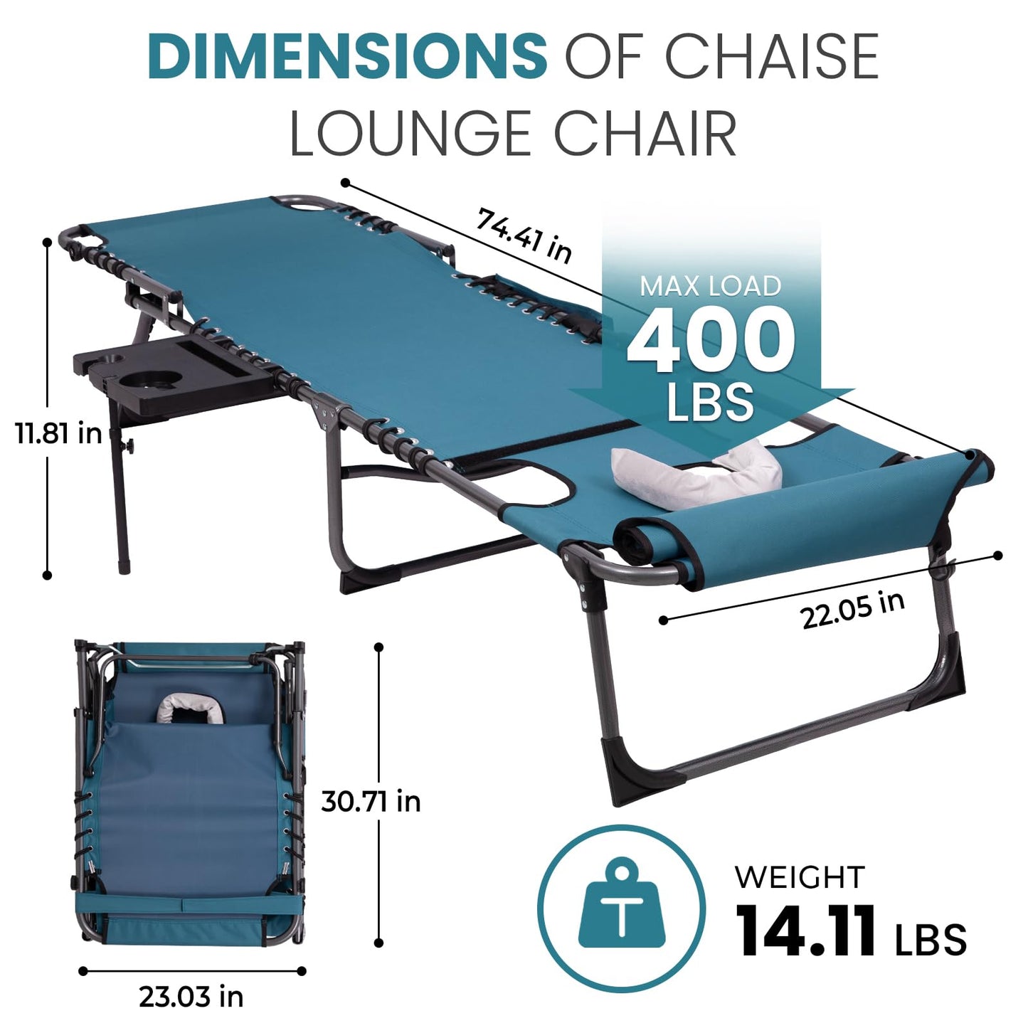 FUNDANGO 400lbs Tanning Chair with Face Hole & Canopy & Side Table, 5 Positions Beach Sunbathing Lounge Chair Facedown Chaise Lounge with Pillow for Pool Outdoor Camping Patio, Set of 2 Cyan