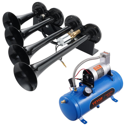 VEVOR 4 Trumpet Air Horn Kit, 150dB Train Horns for Pickup Trucks, 12V 120 psi Air Compressor 1.6 Gal/6 L Tank with Gauge for Any 12V Vehicle Car Truck Train Van Boat