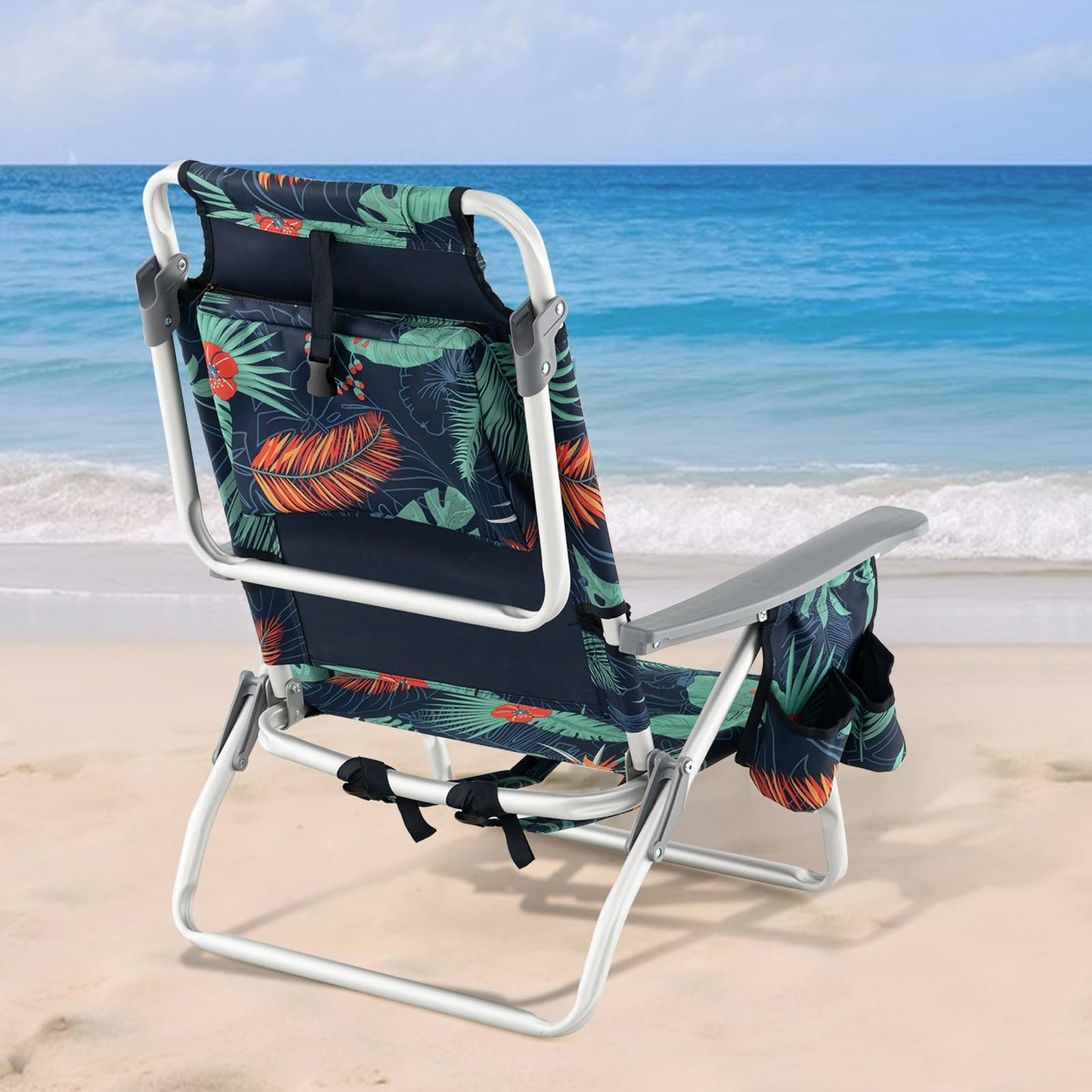 GYMAX Beach Chairs, Backpack Camping Chair with Armrest, Cooler Bag, Cup Holder, Towel Bar & Side Pockets, Sunbath Sling Tanning Lounge, Folding Layout Chair (Without Table, Flower)