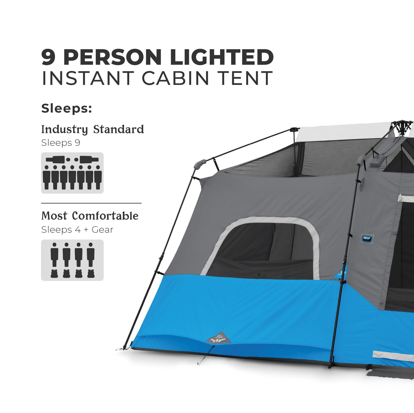 CORE 9 Person Instant Cabin Tent with LED Lights | Large Multi Room Family Lighted Pop Up Tent for 2 Minute Camp Setup | Included Storage Pockets for Camping Accessories