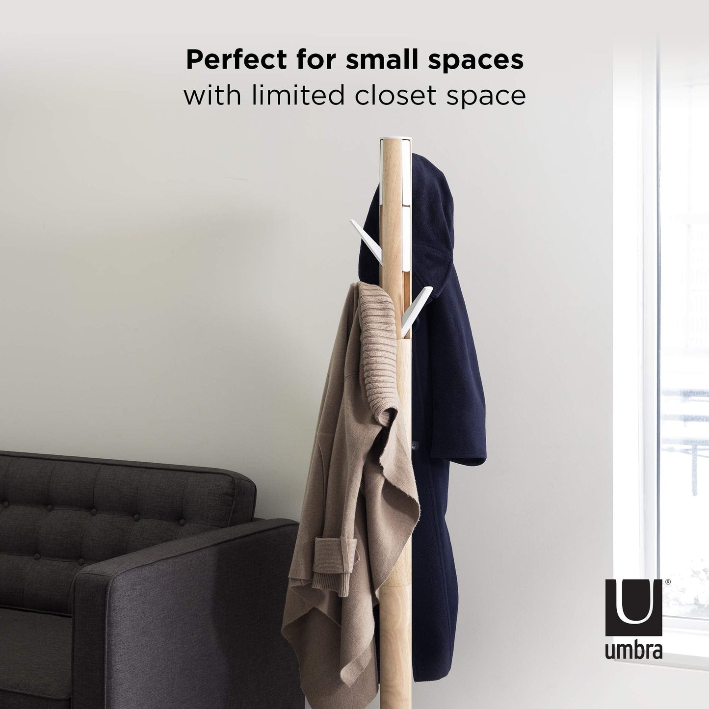 Umbra Flapper Coat Rack, Clothing Hanger, Umbrella Holder, and Hat Organizer, Great for Entryway, White Natural