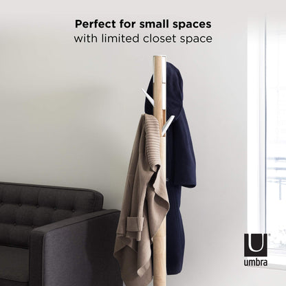 Umbra Flapper Coat Rack, Clothing Hanger, Umbrella Holder, and Hat Organizer, Great for Entryway, White Natural