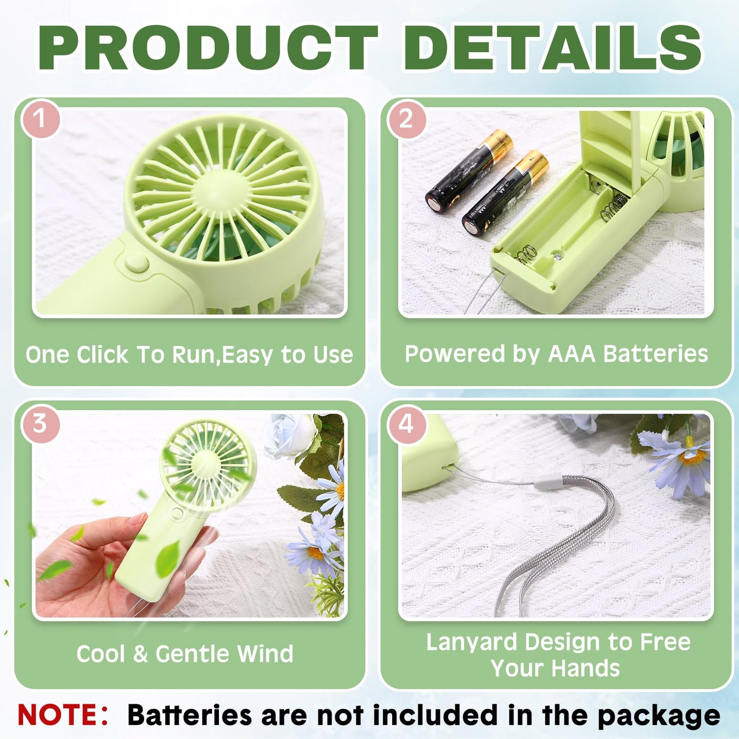 Rossesay 240 Pcs Mini Portable Fan Handheld Battery Operated Portable Small Personal Fans for Summer Travel Beach Indoor Outdoor Cooling Gift(Pink, White, Green, Blue)