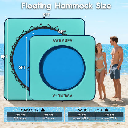 AWEMUFA 8ft x 8ft Inflatable Floating Dock Platform with Mesh, Floating Island Raft Lake Pool Inflatable Water Hammock Swim Air Platform, Floating Water Mat Island Floats for Adults Travel Floats