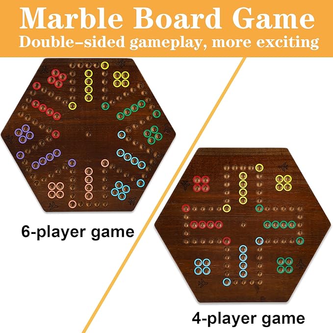 HOROW 20 inch Wahoo Marble Board Game for 4-6 Players - 2 Sided Painted Wooden Board - Thicken Dice Marbles Game - Perfect for Family &amp Party Game Nights （Fire Color）