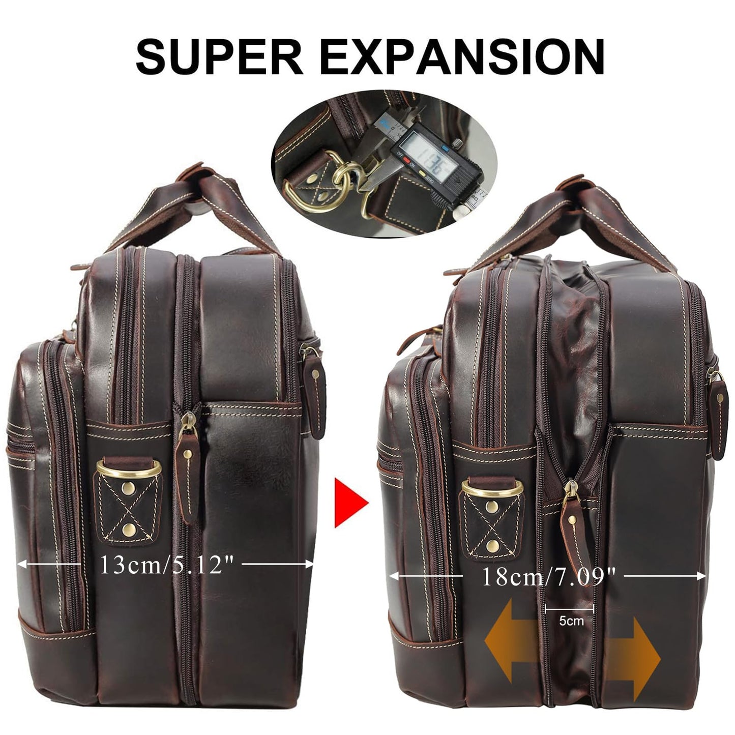 Masa Kawa Leather Briefcase for Men Expandable Large Vintage 17 Inch Laptop Messenger Bag Crossbody Shoulder Business Travel Duffel Bags Attache Case