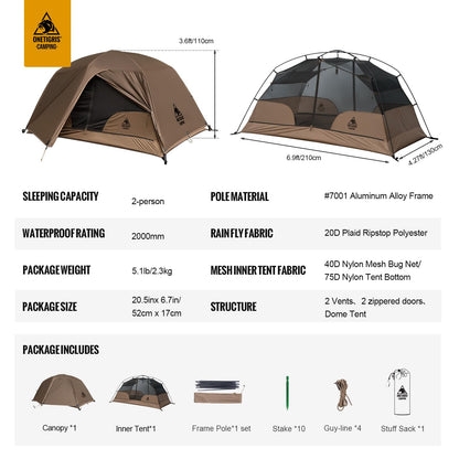 OneTigris COSMITTO 2 Person Backpacking Tent Shelter- Free Standing Lightweight Waterproof 3 Season Camping Tent for Outdoor Hiking Mountaineering