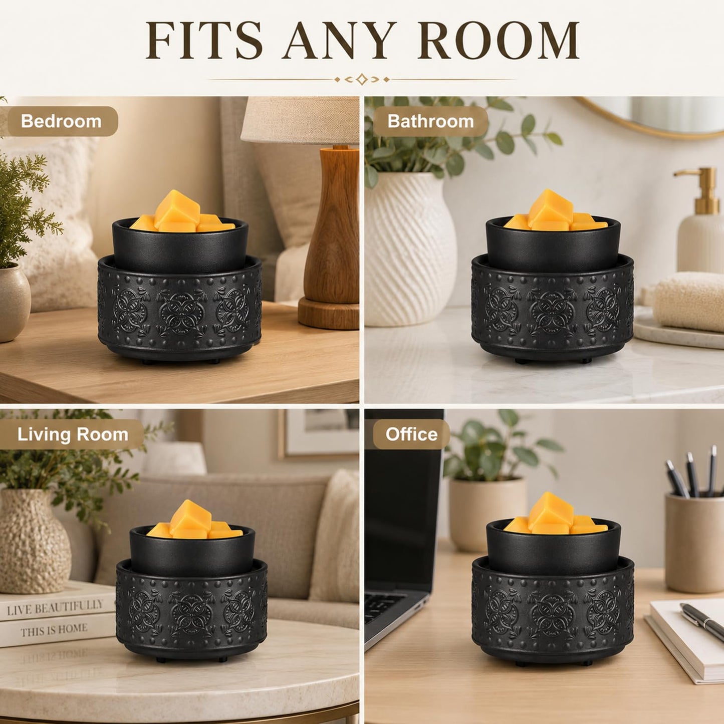 Mocosa Ceramic Wax Warmer Wax Melt Warmer for Scented Wax 3-1 Electric Candle Warmer Home Fragrance Wax Burner Perfect Christmas Gifts for Mom Women(Black-Granular)