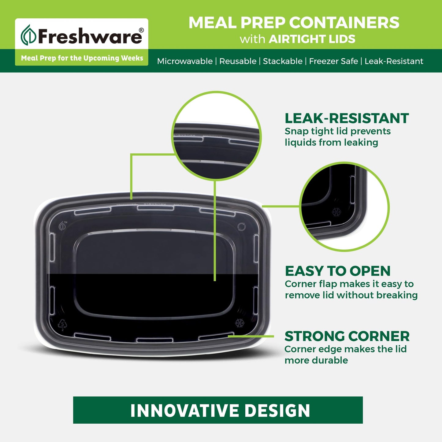 Freshware Meal Prep Containers [300 Pack] 1 Compartment with Lids, Food Storage Containers, Bento Box, BPA Free, Stackable, Microwave/Dishwasher/Freezer Safe (24 oz)