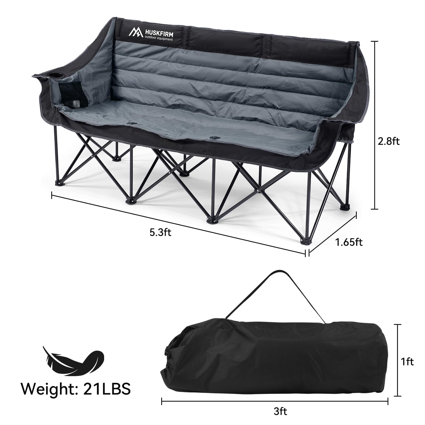 Huskfirm 3 Person Camping Chairs Folding Double Camping Chair Portable Oversized Loveseat Padded Camp Chair Heavy Duty Camping Couch for Adults Outdoor Lawn with Two Cup Holders and Carry Bag