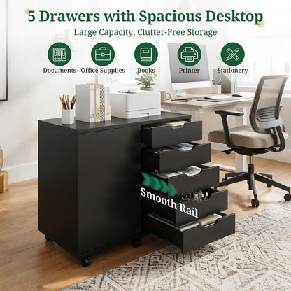 SageNest 5 Drawer File Cabinet with Wheels, Rolling Office Storage Cabinet with Shelves and Door, Printer Stand with Drawers, Under Desk Filing Cabinet with Wood Board, Black