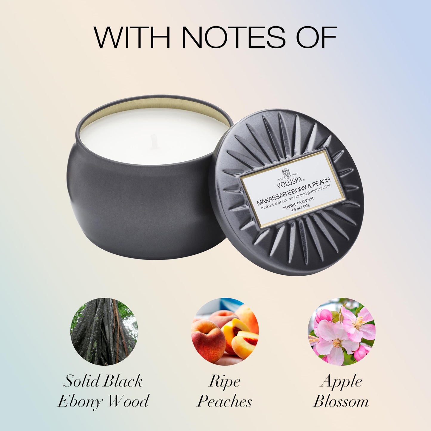 Voluspa Makassar Ebony & Peach, Mini Tin Candle, 4 oz, 25 Hour Burn Time, Coconut Wax for Clean Burning, Handcrafted in the USA