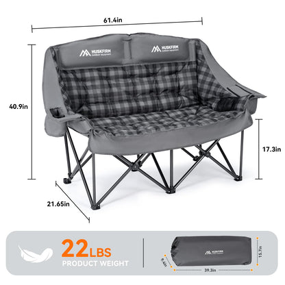 Huskfirm Padded Double Camping Chair High Back 2 Person Camping Chair Oversized Camping Loveseat Support 800LBS Heavy Duty Camping Couch with Cup Holders, Cooler, Carry Bag, Grey