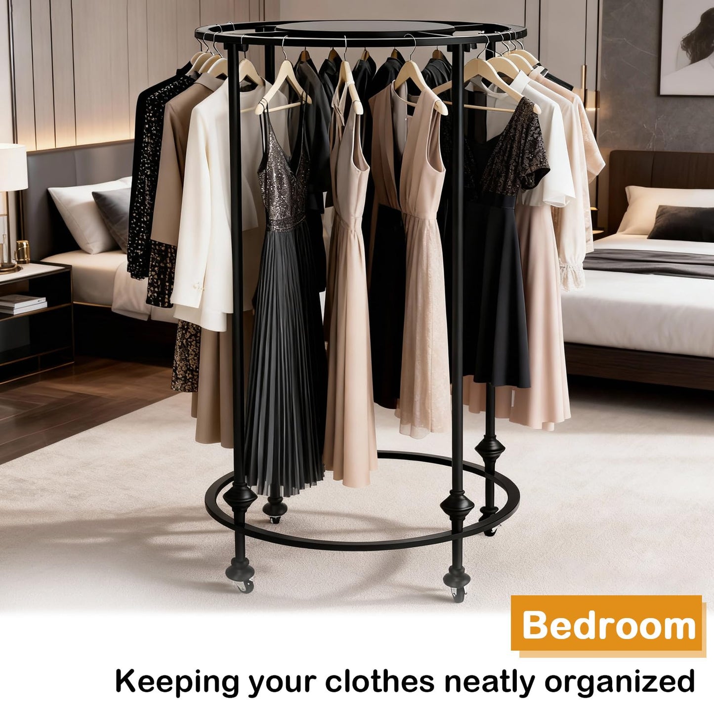 Round Garment Racks for Hanging Clothes, Portable Rolling Floor Standing Wardrobe Rack with Topper, Rotate 360 °Clothing Racks for Bedroom, Clothing Store, Dance Hall (Black, 27.5 inches x 51 inches)
