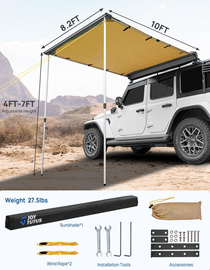 JOYTUTUS Vehicle Awning 8.2'x10' Roof Rack Pull-Out Sun Shade UV50+, Weatherproof 4x4 Side Awning for Camping, Car Sunshade with Adjustable Hardware, Quick Set-up, SUV/Truck/Van/Jeep