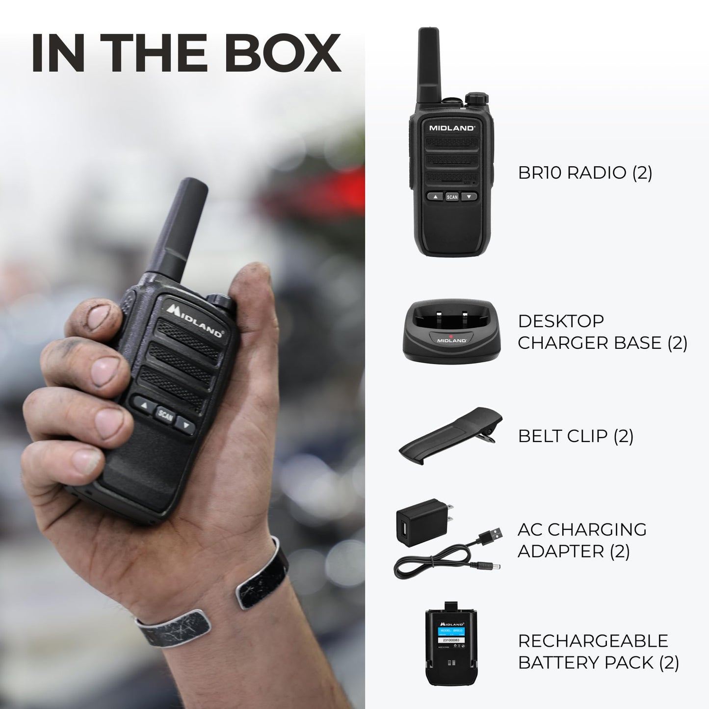 Midland BR10 Heavy-Duty Business Walkie Talkies – 2-Watt Long Range Two-Way Radios, FRS License-Free, Rechargeable Battery, Portable Handhelds for Job Sites & Manufacturing (2-Pack)