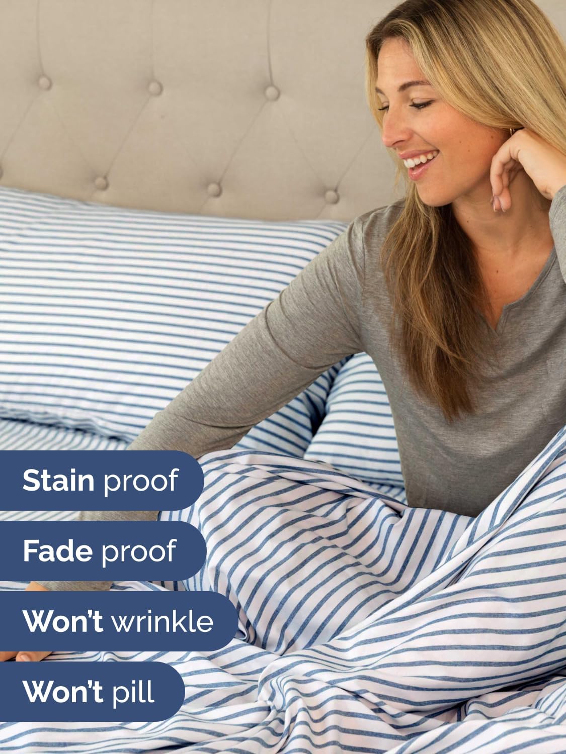 Skiennix Extra Deep King Sheet Set - 6-Piece Breathable Cooling Bedding - Soft, Wrinkle-Free Blue Stripes