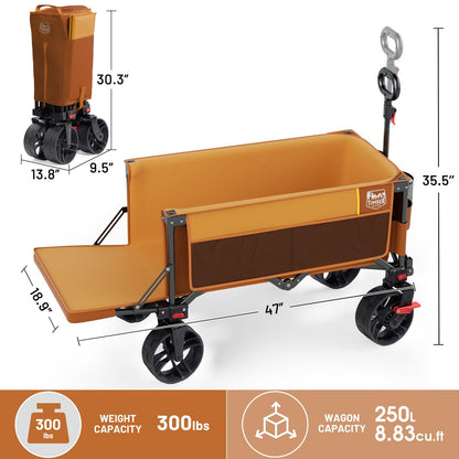 Timber Ridge 47" L Collapsible Wagon with Tailgate & Brake, 300 lbs Heavy Duty Beach Wagon with All-Terrain Big Wheels, 250L Foldable Utility Cart for Sand Camping Sports Shopping, Orange
