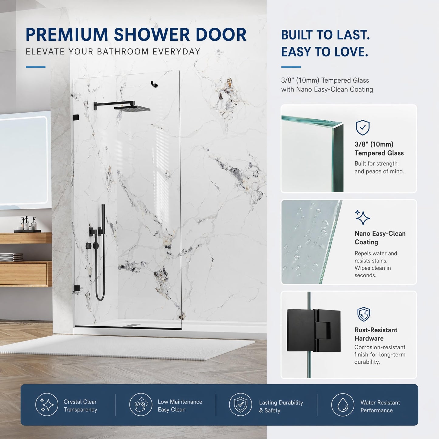 YTTSOYTS Premium Shower Screen 36"×76" Frameless Shower Glass Panel, 3/8'' (10mm) Fixed Glass Shower Panel, Tempered Glass Door Easy Clean Coating, Bathroom Shower Screen with Hook (Matte Black)