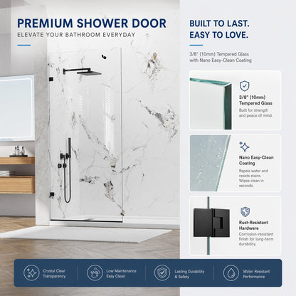 YTTSOYTS Premium Shower Screen 36"×76" Frameless Shower Glass Panel, 3/8'' (10mm) Fixed Glass Shower Panel, Tempered Glass Door Easy Clean Coating, Bathroom Shower Screen with Hook (Matte Black)