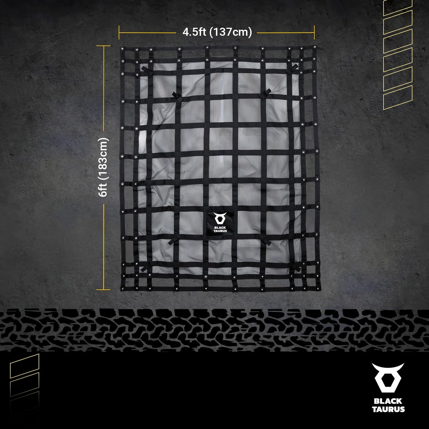 Black Taurus Heavy Duty Mesh Cargo Net – Stretchable Mesh Cargo Net for Trailer, Roof Rack, Pickup Truck, and ATV - Truck Bed Netting for Secure Load with 4 Adjustable Straps - 4.75 ft x 6 ft