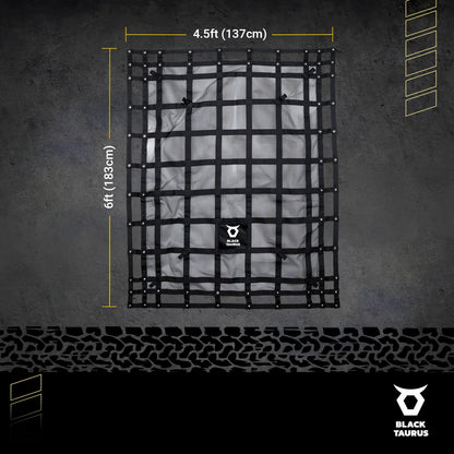 Black Taurus Heavy Duty Mesh Cargo Net – Stretchable Mesh Cargo Net for Trailer, Roof Rack, Pickup Truck, and ATV - Truck Bed Netting for Secure Load with 4 Adjustable Straps - 4.75 ft x 6 ft