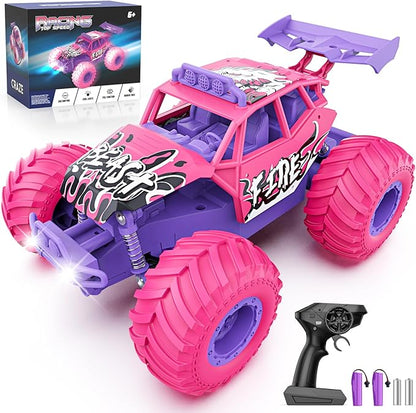 Remote Control Car All Terrain RC Cars with Speed Switch RC Truck with LED Headlight and Rechargeable Batteries 20KM/H Monster Truck Toys Gift for Girls Age 6-8 8-12 Pink