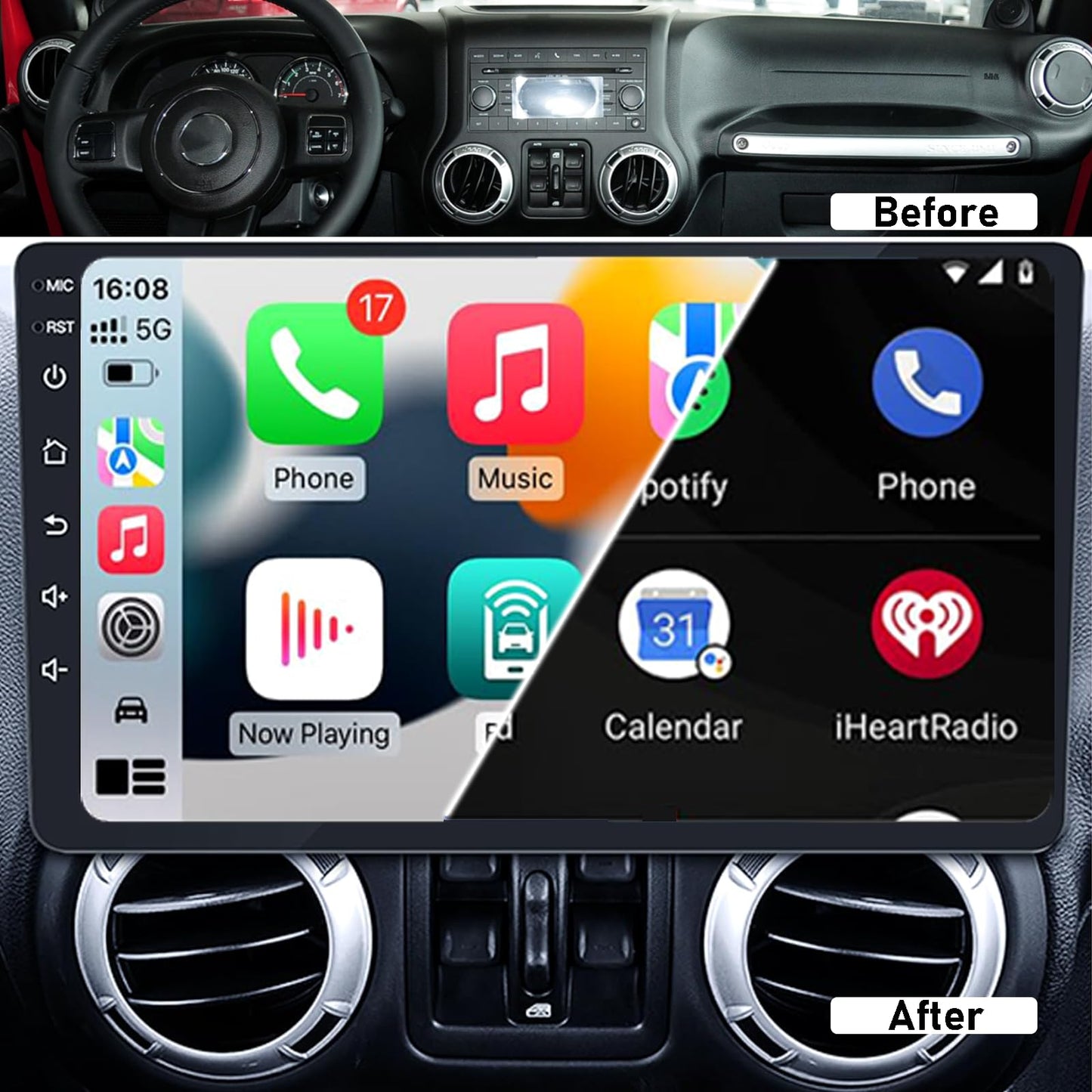 Android 14 Car Stereo Radio Upgrade for Jeep Wrangler JK Compass Grand Cherokee Dodge Ram 1500, 10 inch QLED Touchscreen Support Wireless CarPlay Android Auto GPS Bluetooth FM SWC (RAM 2GB+ ROM 64GB)
