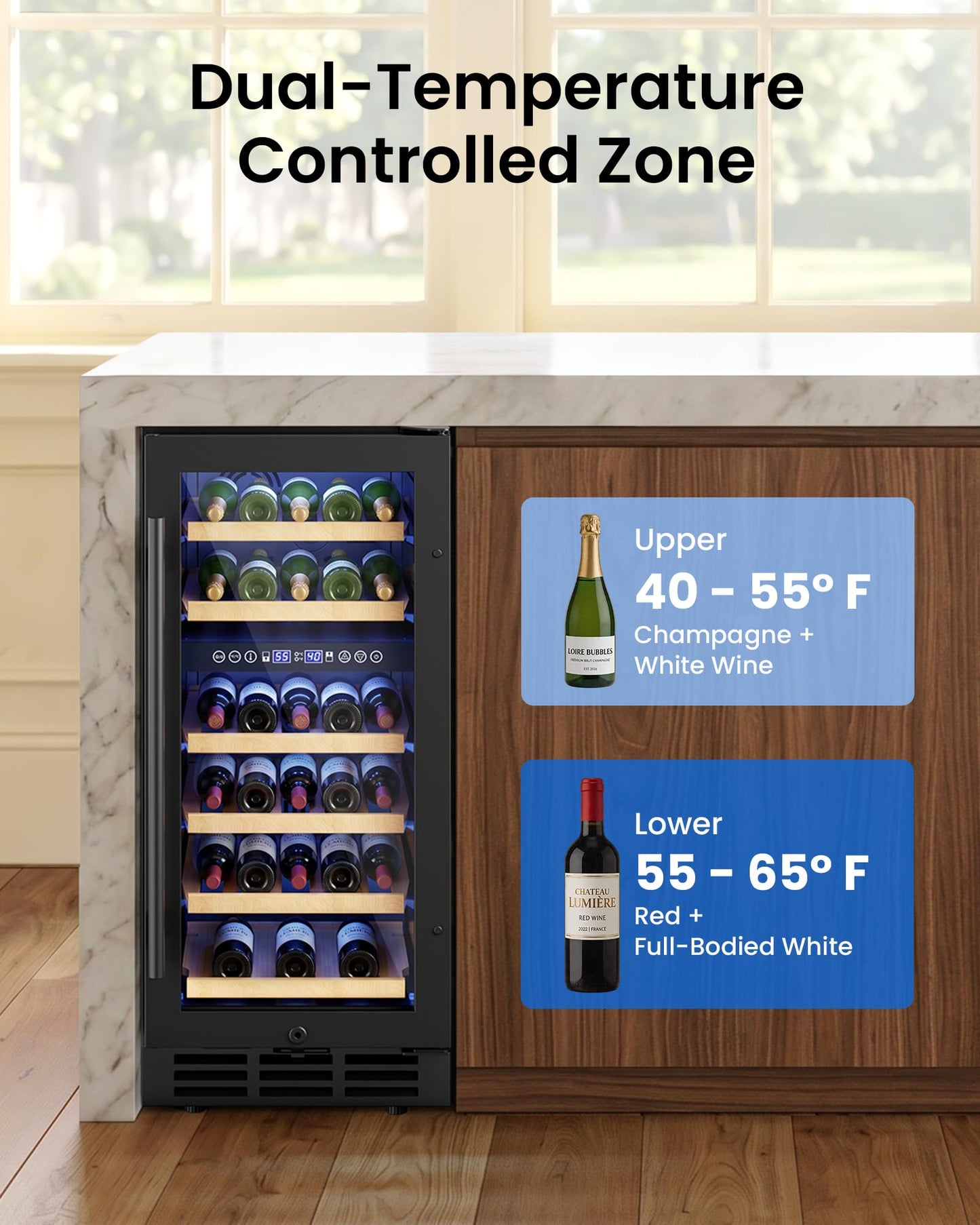 ICEVIVAL 15 Inch Wine Cooler Refrigerator, 28 Bottle Dual Zone Wine Fridge, UV-Resistant Glass Door, Quiet Compressor Cooling Digital Wine Cellar, Built-in or Freestanding Fridge for Home/Bar/Kitchen