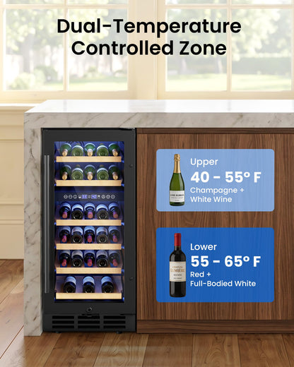 ICEVIVAL 15 Inch Wine Cooler Refrigerator, 28 Bottle Dual Zone Wine Fridge, UV-Resistant Glass Door, Quiet Compressor Cooling Digital Wine Cellar, Built-in or Freestanding Fridge for Home/Bar/Kitchen