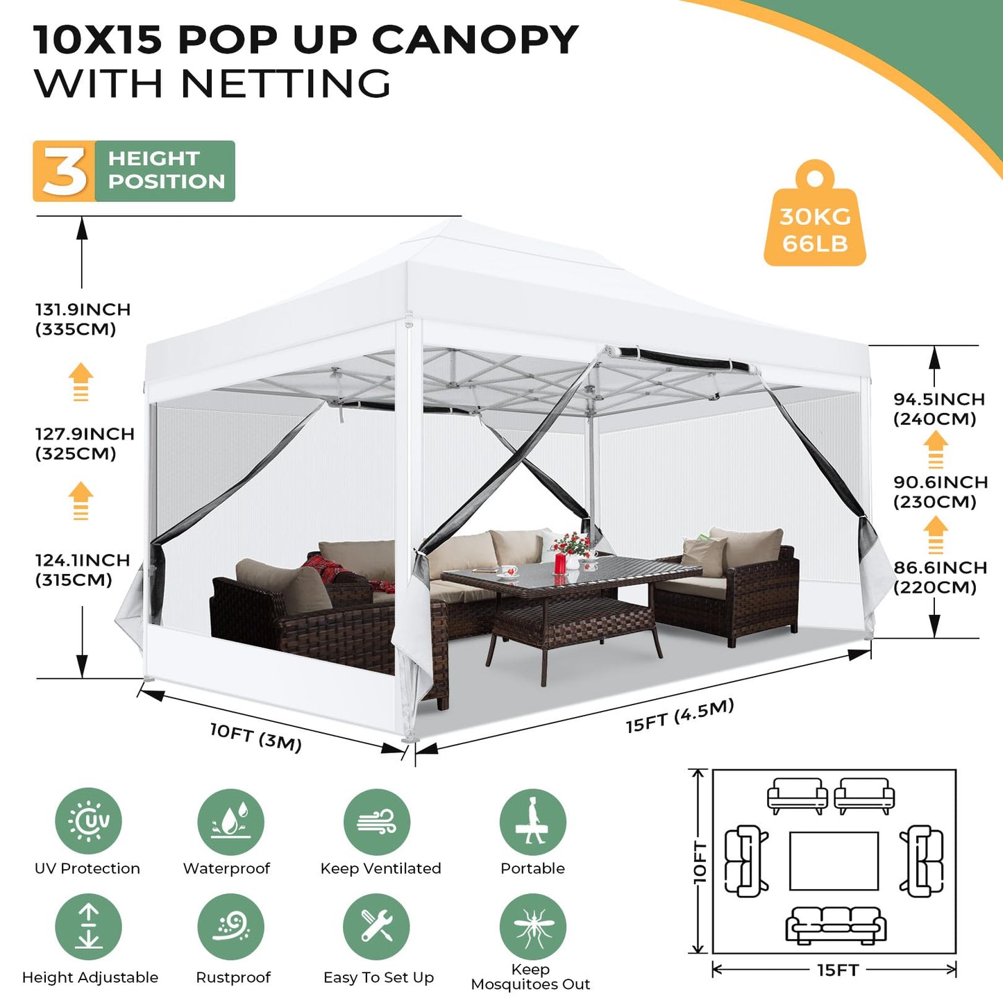 COBIZI 10x15 Heavy Duty Pop Up Canopy with 4 Sidewalls, Commercial Gazebo Party Tent with Mosquito Netting Wall Easy Set Up Outdoor Instant Screen Tent for Backyard, Patio, Garden, White