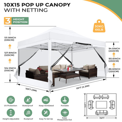COBIZI 10x15 Heavy Duty Pop Up Canopy with 4 Sidewalls, Commercial Gazebo Party Tent with Mosquito Netting Wall Easy Set Up Outdoor Instant Screen Tent for Backyard, Patio, Garden, White