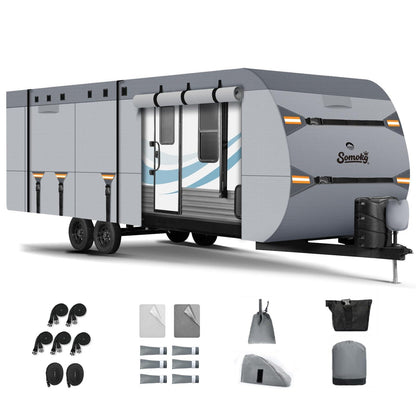 Travel Trailer Cover 18-20 FT, Heavy Duty 7-Layer RV Cover, Rip-Stop Camper Cover, Windproof with 5+2 Straps, UV & Snow Protection, Fits Rooftop A/C