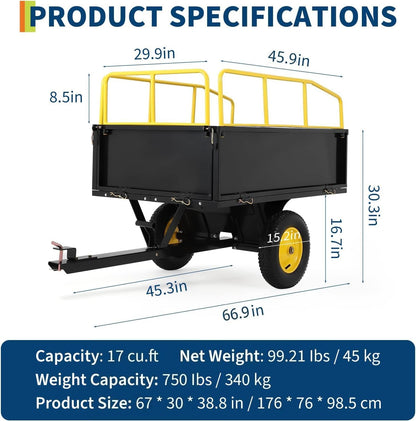 Heavy Duty ATV Trailer Tow Behind Dump Cart, 17 Cu.Ft. 750lbs Capacity, Pull Behind Steel Yard Wagon Dump Trailer for Tractor Lawn Mower Garden