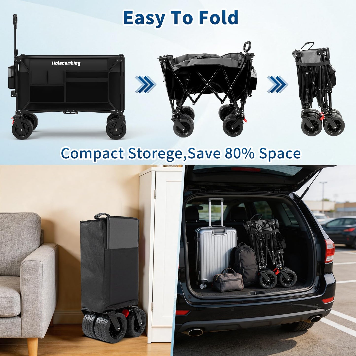 Holacamking Collapsible Canopy Wagon Cart, Heavy Duty Utility Wagon with Removable Sun Cover, All-Terrain Big Wheels, Dual Brakes, Extra Large Grocery Cart for Beach Camping Sports Tailgates, Black