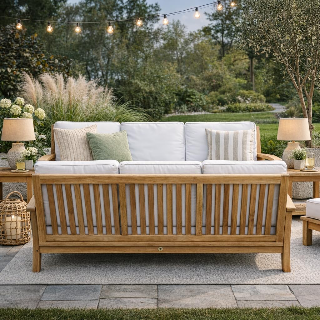 Hives & Honey Pavilion 82" Outdoor Teak Sofa with Cushions, Grade-A Teak Patio Couch, Weather-Resistant Deep Seating for Patio, Deck, Garden – White