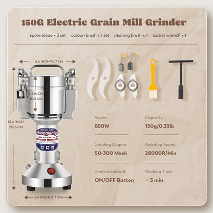 Moongiantgo Grain Mill Grinder Electric 150g Commercial Spice Grinder 850W Stainless Steel Pulverizer Dry Grinding Machine for Wheat Corn Rice Pepper Herbs Coffee Beans (150g Upright, 110V)