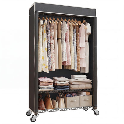 Higeego H4 Clothing Rack with Cover, Rolling Heavy Duty Clothes Rack, Garment Rack on Wheels, Portable Closet for Hanging Clothes, Black Clost Rack with Black Fabric Cover, Max Load 380LBS