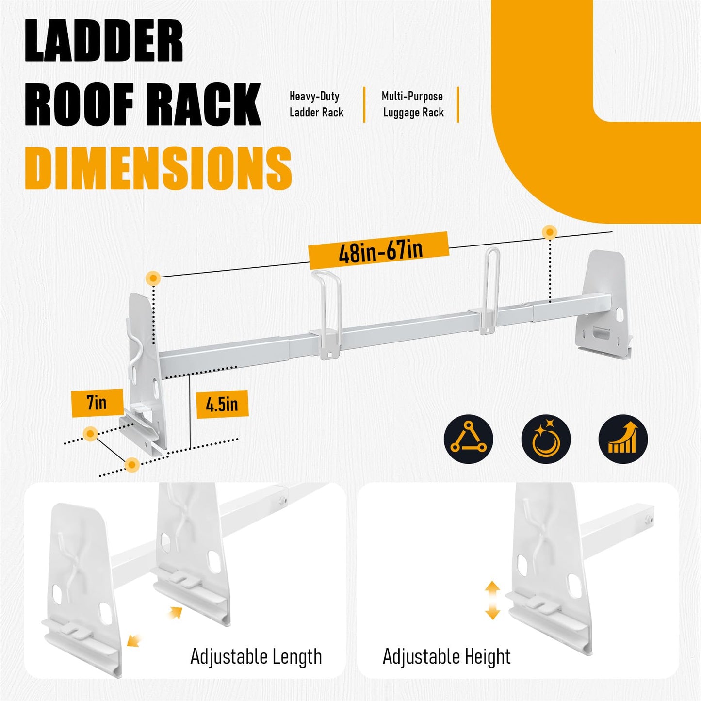 SINASUYE Universal Roof Ladder Rack Adjustable Length 48”-67” for Cargo Van with Rain Gutters Fit for 1996-up Chevy Express 1500 2500 3500 Ford Econoline GMC Savana 800 Lbs Load Capacity